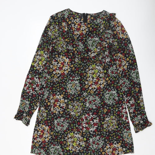 Topshop Women’s Multicoloured Floral Shift Dress Size 14 Long Sleeve Ruffle