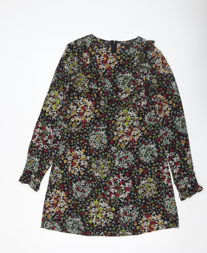 Topshop Women’s Multicoloured Floral Shift Dress Size 14 Long Sleeve Ruffle