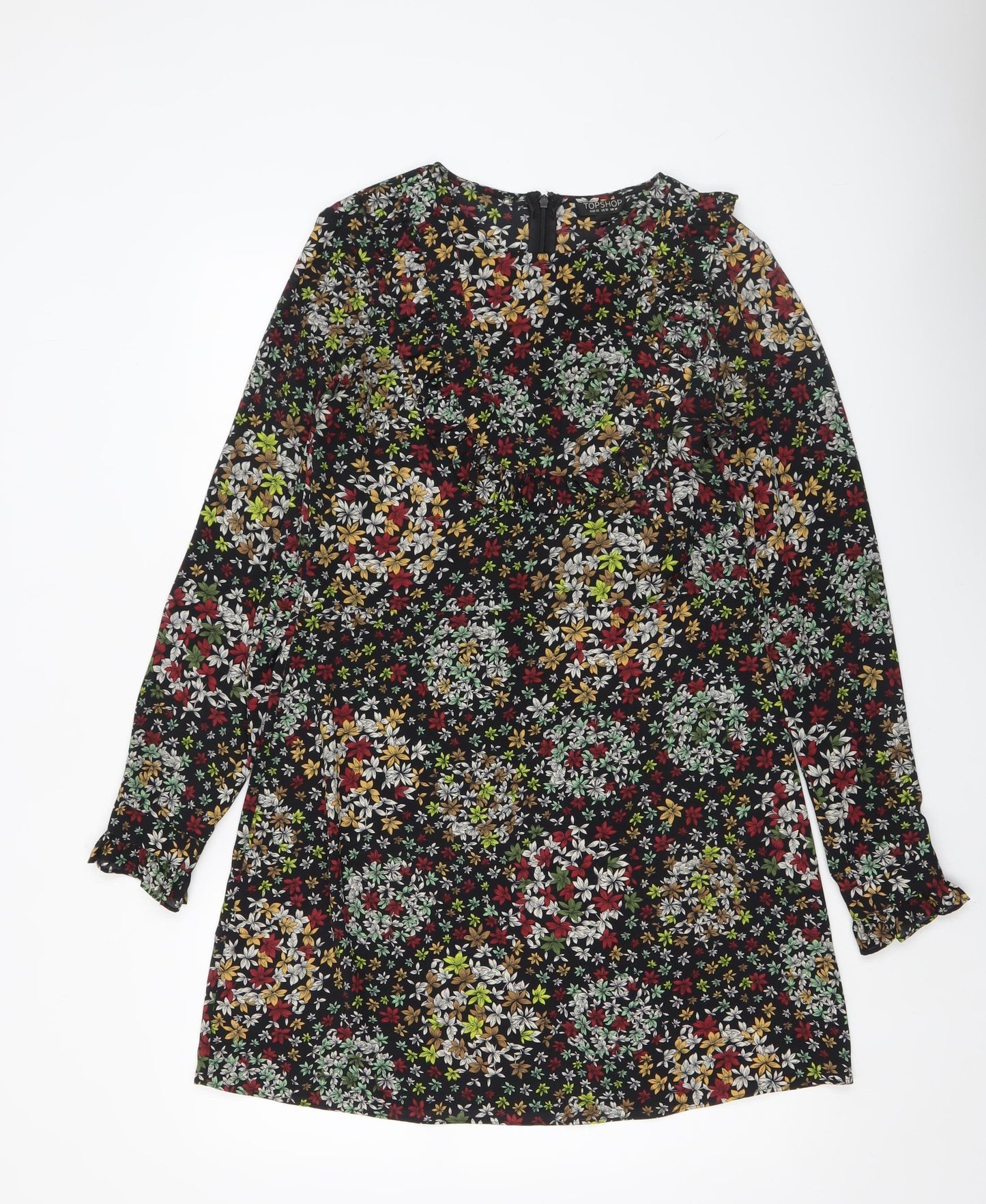 Topshop Women’s Multicoloured Floral Shift Dress Size 14 Long Sleeve Ruffle