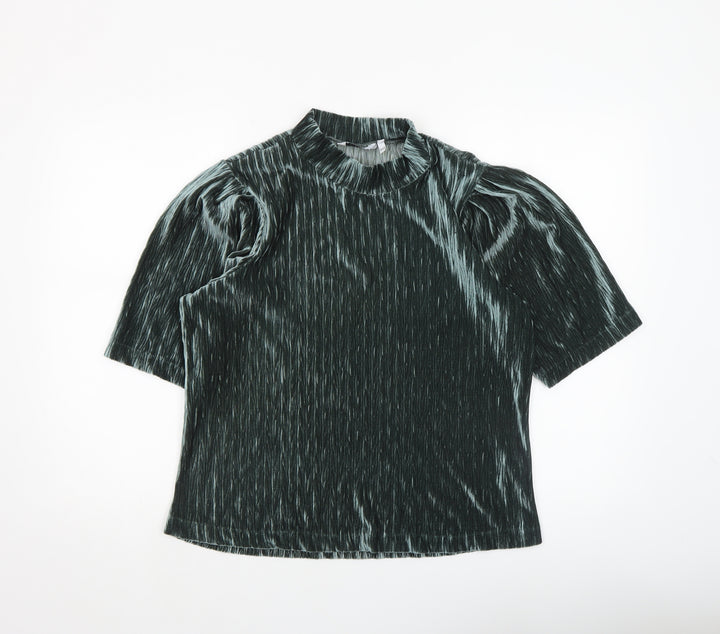 b.young Women's Green Velvet Mock Neck Puff Sleeve Blouse Size M