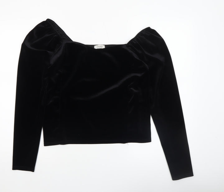 Oasis Women Black Velvet Long Sleeve Cropped Blouse Size L