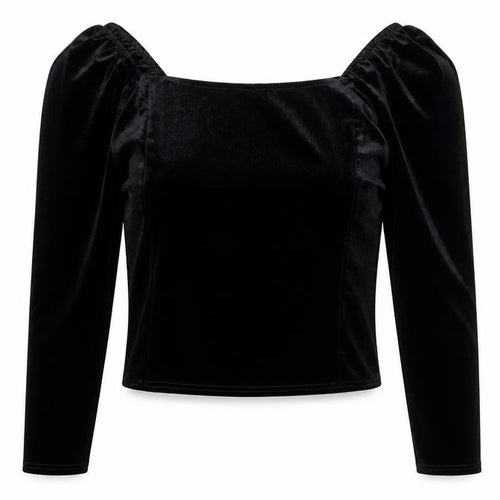 Oasis Women Black Velvet Long Sleeve Cropped Blouse Size L