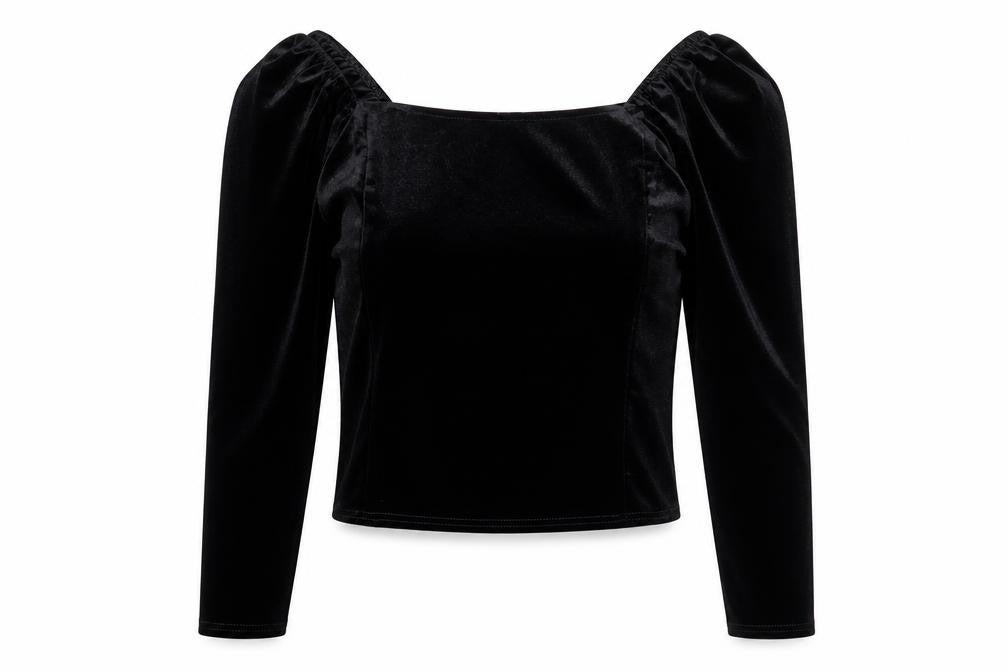 Oasis Women Black Velvet Long Sleeve Cropped Blouse Size L