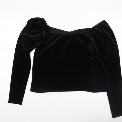 Oasis Women Black Velvet Long Sleeve Cropped Blouse Size L