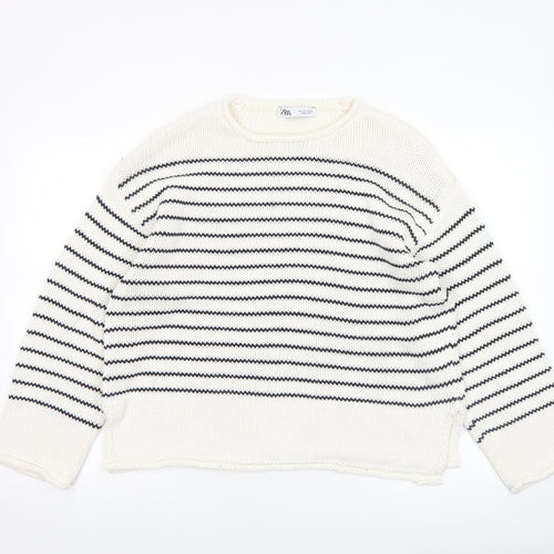 ZARA Women Ivory Striped Cotton Knit Jumper Size L
