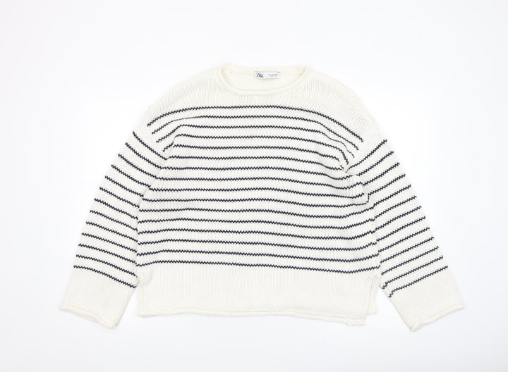 ZARA Women Ivory Striped Cotton Knit Jumper Size L