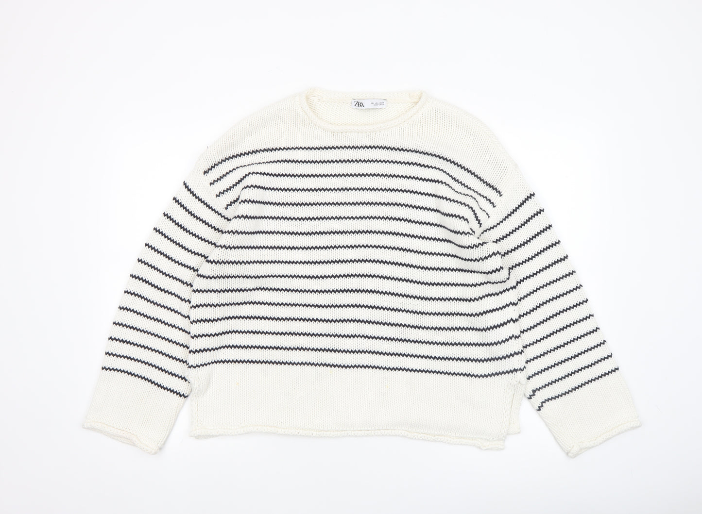 ZARA Women Ivory Striped Cotton Knit Jumper Size L
