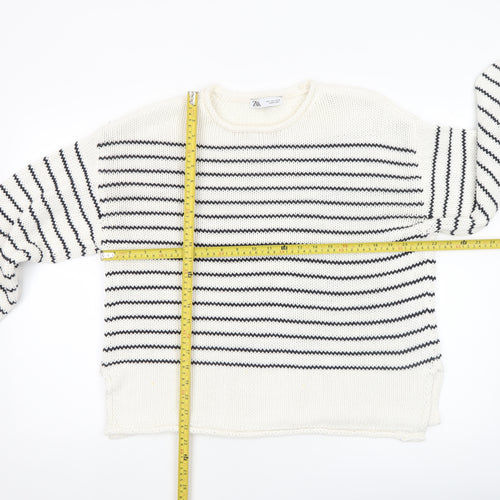 ZARA Women Ivory Striped Cotton Knit Jumper Size L