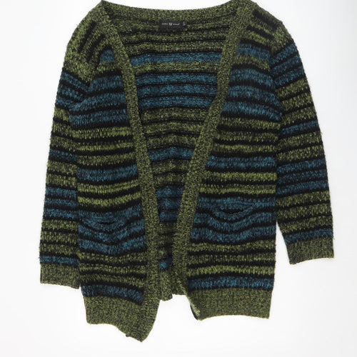 Pura Moda Women's Green Striped Chunky Knit Open Cardigan S