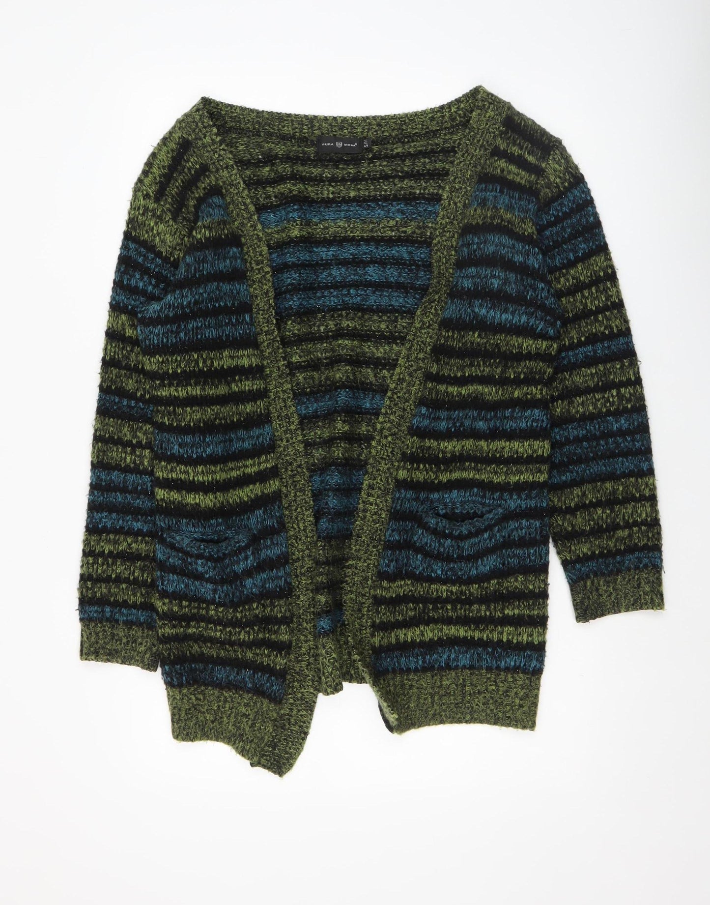 Pura Moda Women's Green Striped Chunky Knit Open Cardigan S