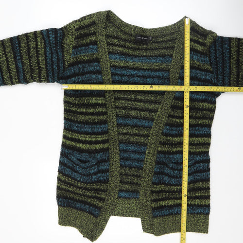 Pura Moda Women's Green Striped Chunky Knit Open Cardigan S