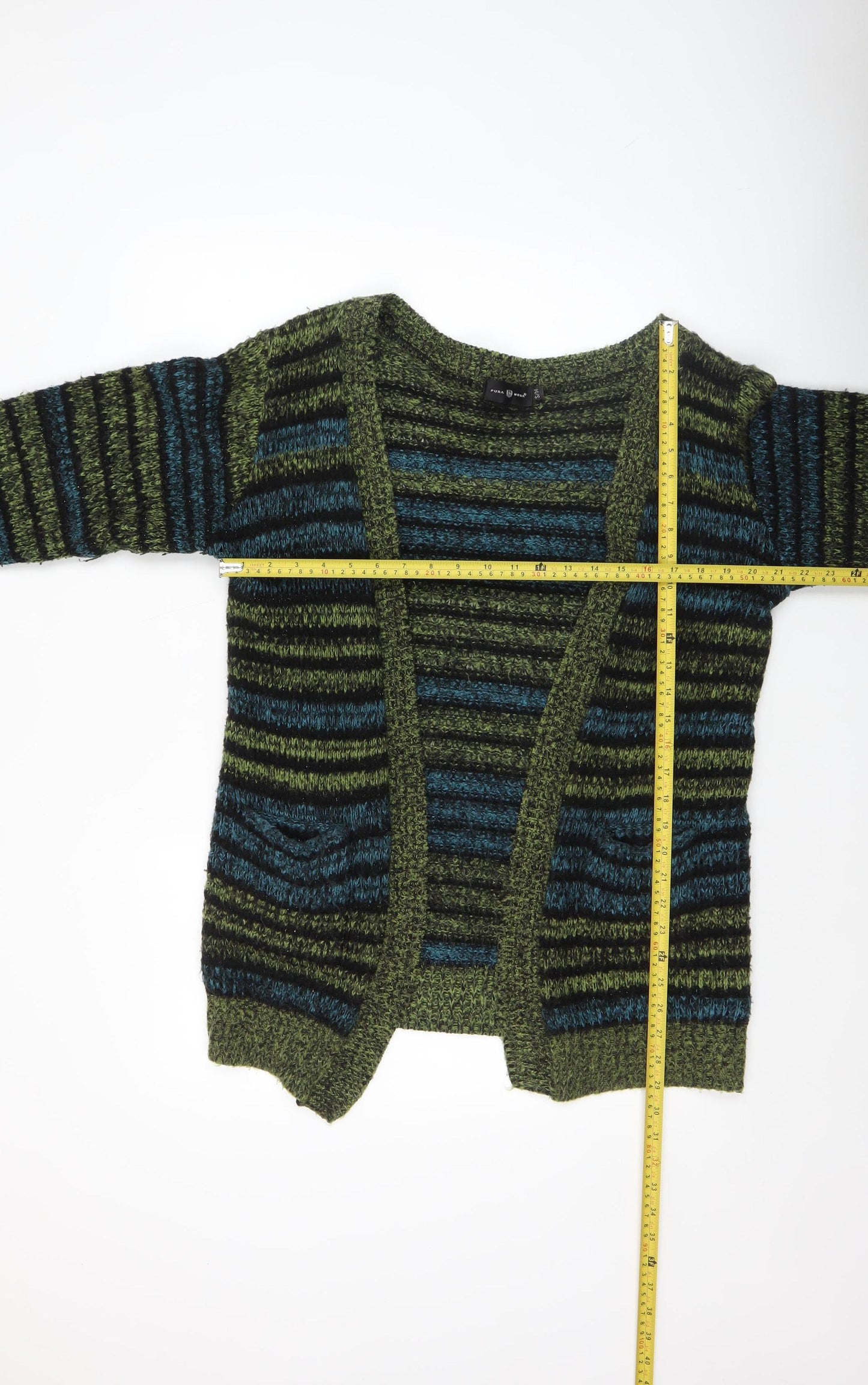Pura Moda Women's Green Striped Chunky Knit Open Cardigan S