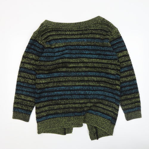 Pura Moda Women's Green Striped Chunky Knit Open Cardigan S