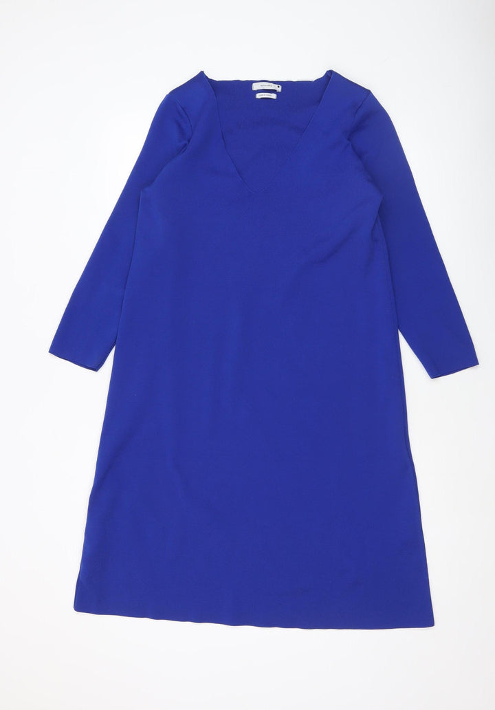 Reserved Women’s Blue Knee Length Shift Dress Size L V-Neck Long Sleeve