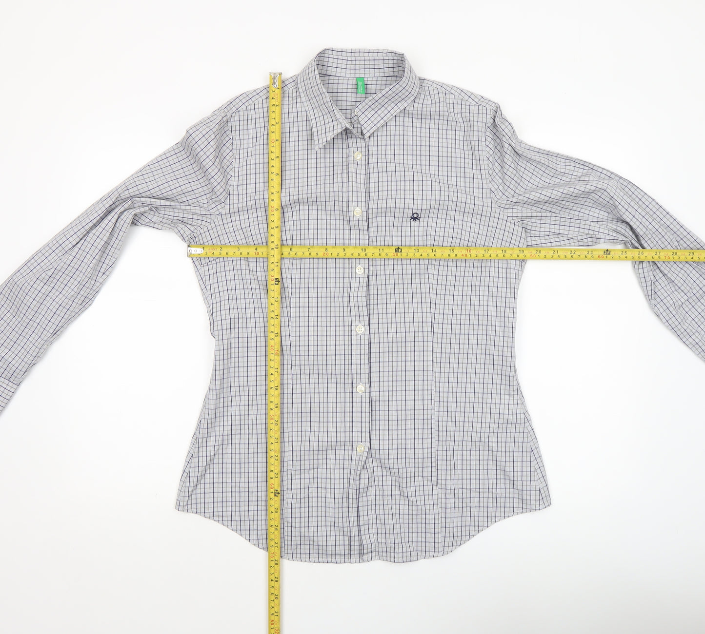 United Colors of Benetton Men's Blue Check Cotton Long Sleeve Button-Up Shirt Size L