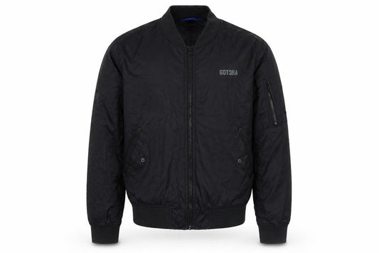 Front view of Gotcha Men's Black Bomber Jacket M Regular Nylon Zip-Up Lined