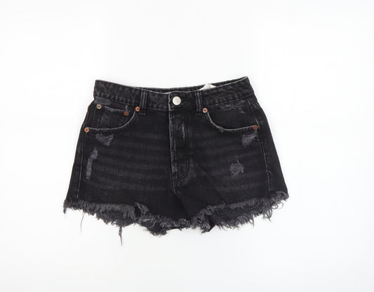 Zara Womens Black Cotton High Rise Cut-Off Denim Shorts Size 6