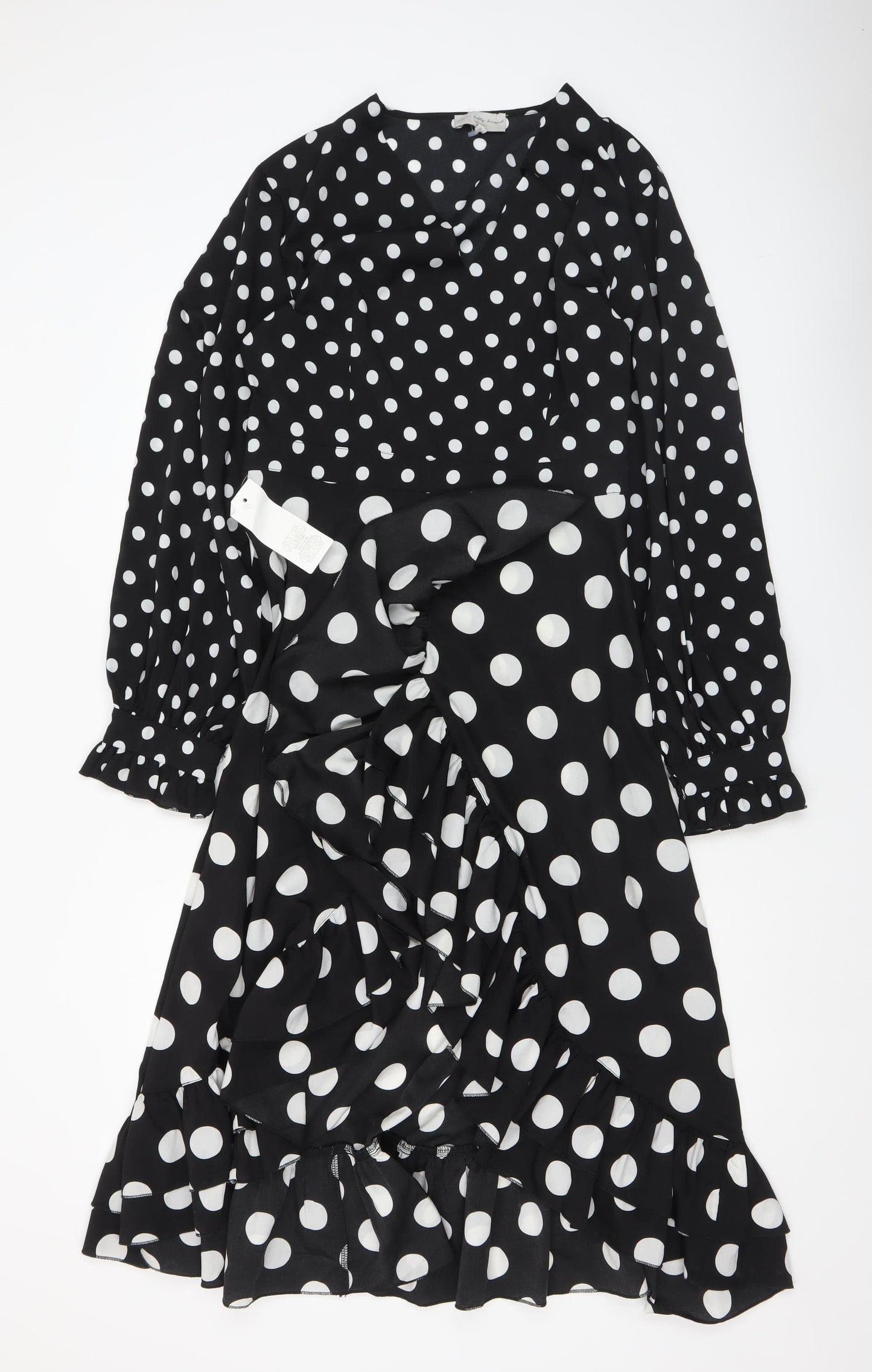 Never Fully Dressed Womens Black Polka Dot Wrap Midi Dress L