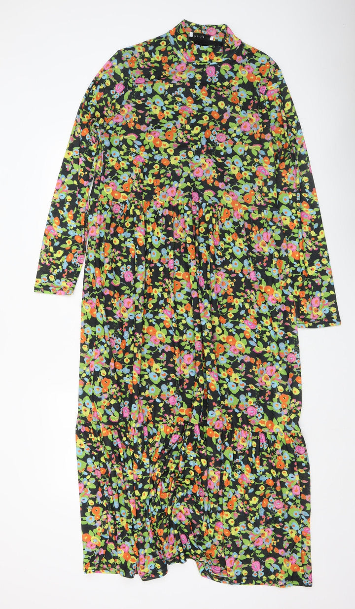 Warehouse Women's Multicoloured Floral Midi Dress Size L Long Sleeve High Neck
