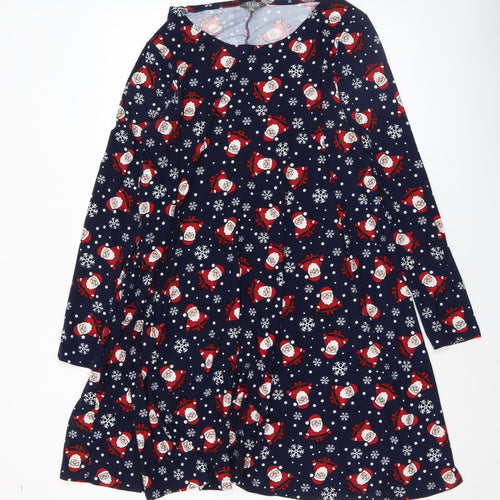 Fluid Women’s Blue Christmas Santa Print Long Sleeve Shift Dress Size 16