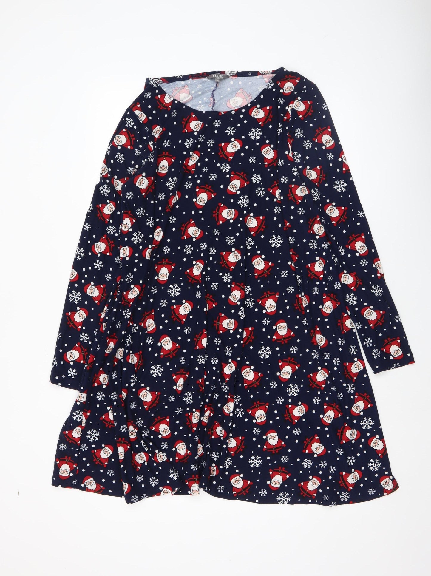 Fluid Women’s Blue Christmas Santa Print Long Sleeve Shift Dress Size 16