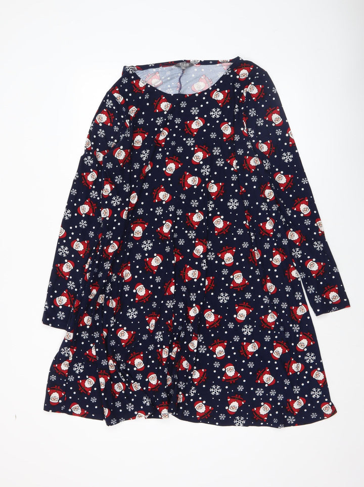 Fluid Women’s Blue Christmas Santa Print Long Sleeve Shift Dress Size 16