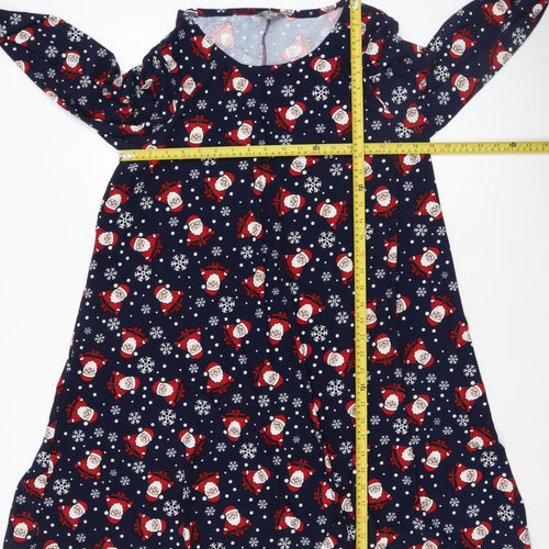Fluid Women’s Blue Christmas Santa Print Long Sleeve Shift Dress Size 16