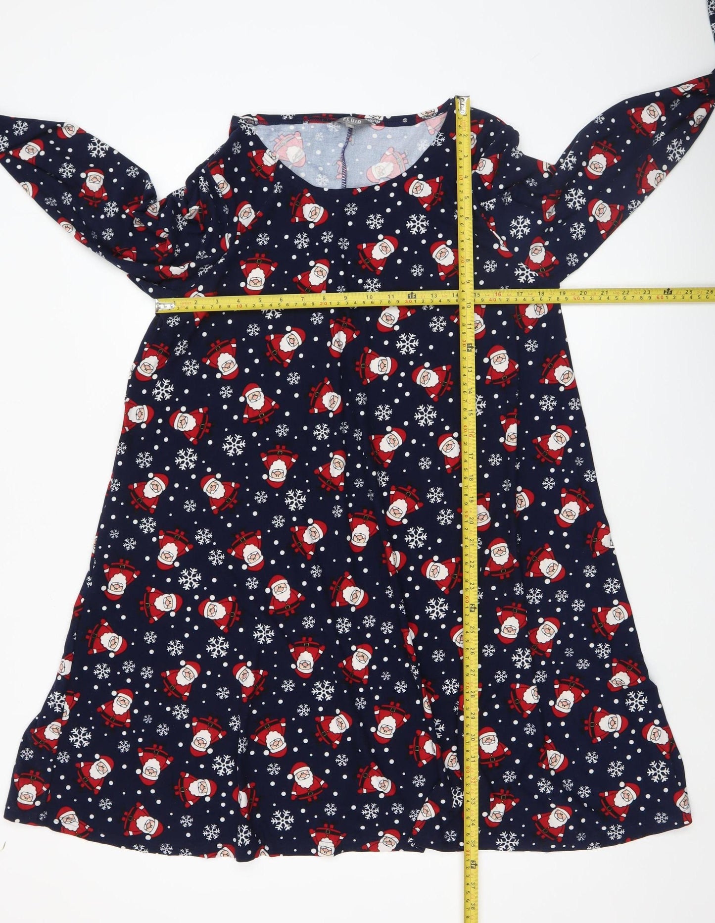 Fluid Women’s Blue Christmas Santa Print Long Sleeve Shift Dress Size 16