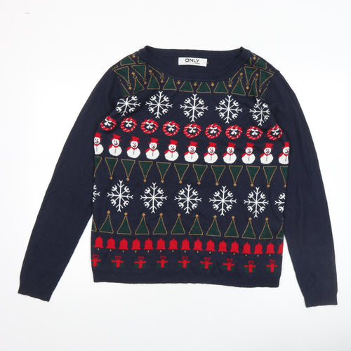 ONLY Women's Blue Christmas Fair Isle Crew Neck Jumper L