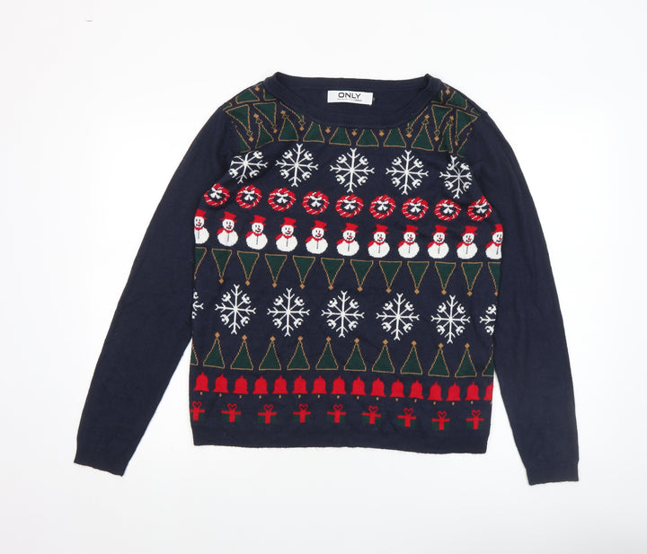 ONLY Women's Blue Christmas Fair Isle Crew Neck Jumper L