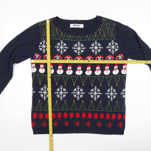 ONLY Women's Blue Christmas Fair Isle Crew Neck Jumper L