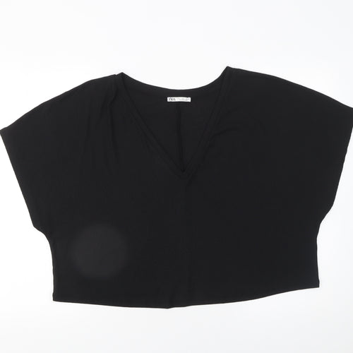 Zara Women Black Cropped V-Neck Jersey T-Shirt Size L