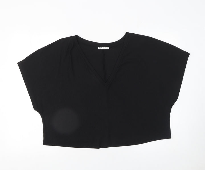 Zara Women Black Cropped V-Neck Jersey T-Shirt Size L