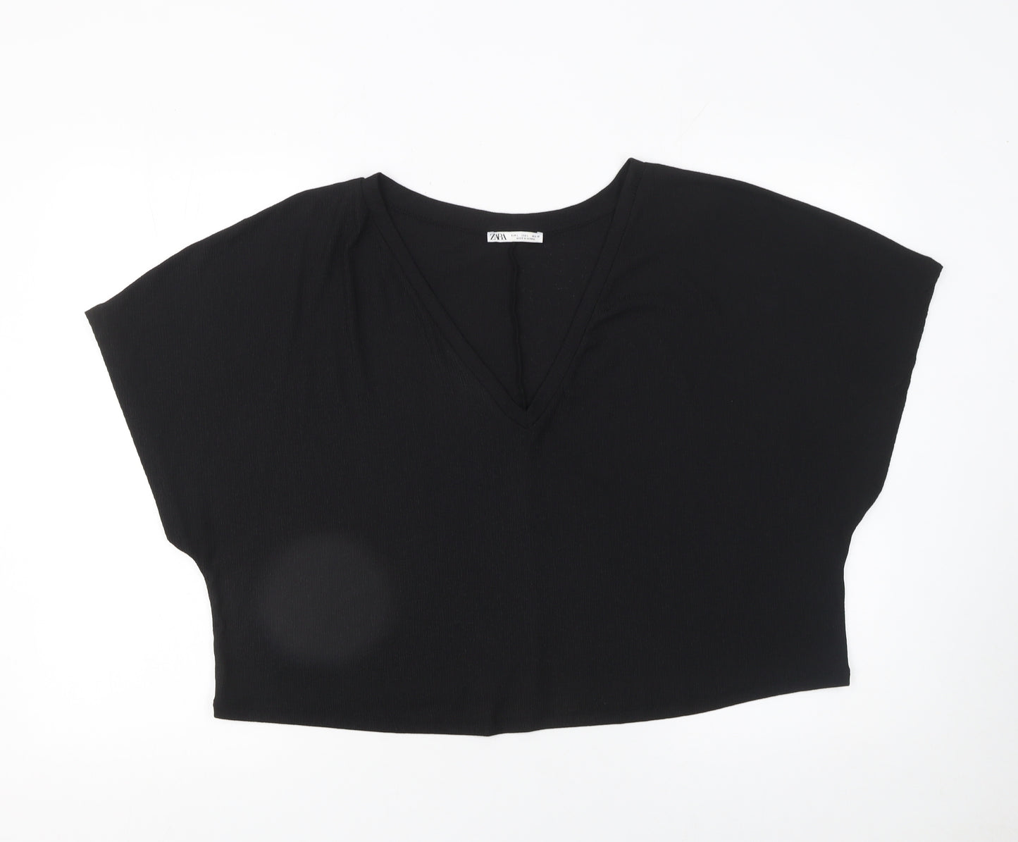Zara Women Black Cropped V-Neck Jersey T-Shirt Size L