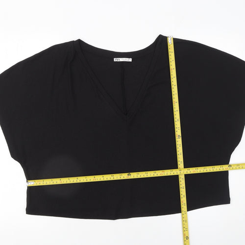Zara Women Black Cropped V-Neck Jersey T-Shirt Size L