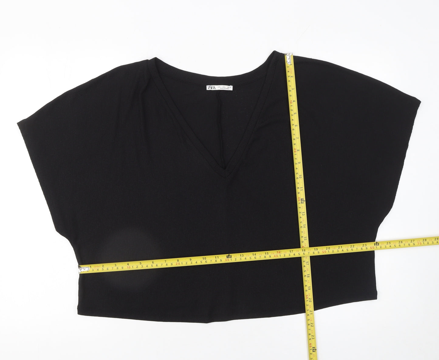 Zara Women Black Cropped V-Neck Jersey T-Shirt Size L