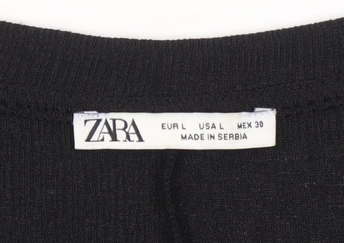 Zara Women Black Cropped V-Neck Jersey T-Shirt Size L