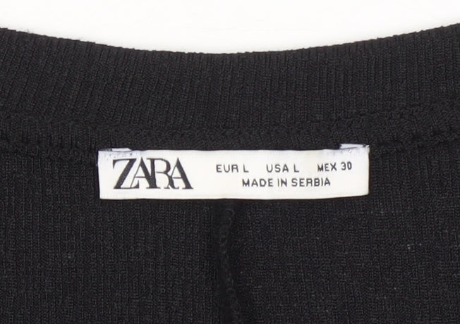 Zara Women Black Cropped V-Neck Jersey T-Shirt Size L