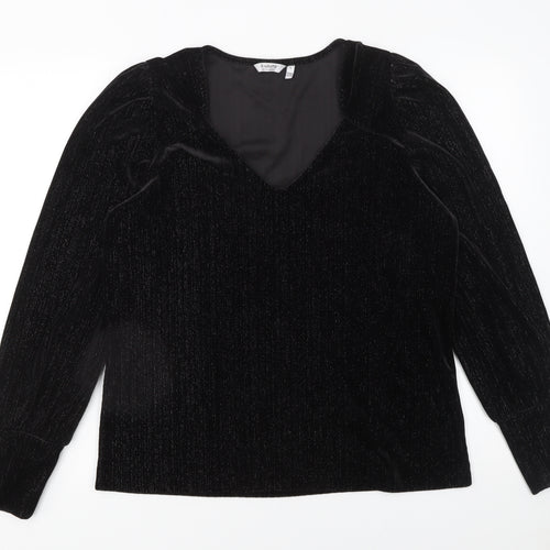 b.young Women's Black Velvet Long Sleeve V-Neck Blouse Size L