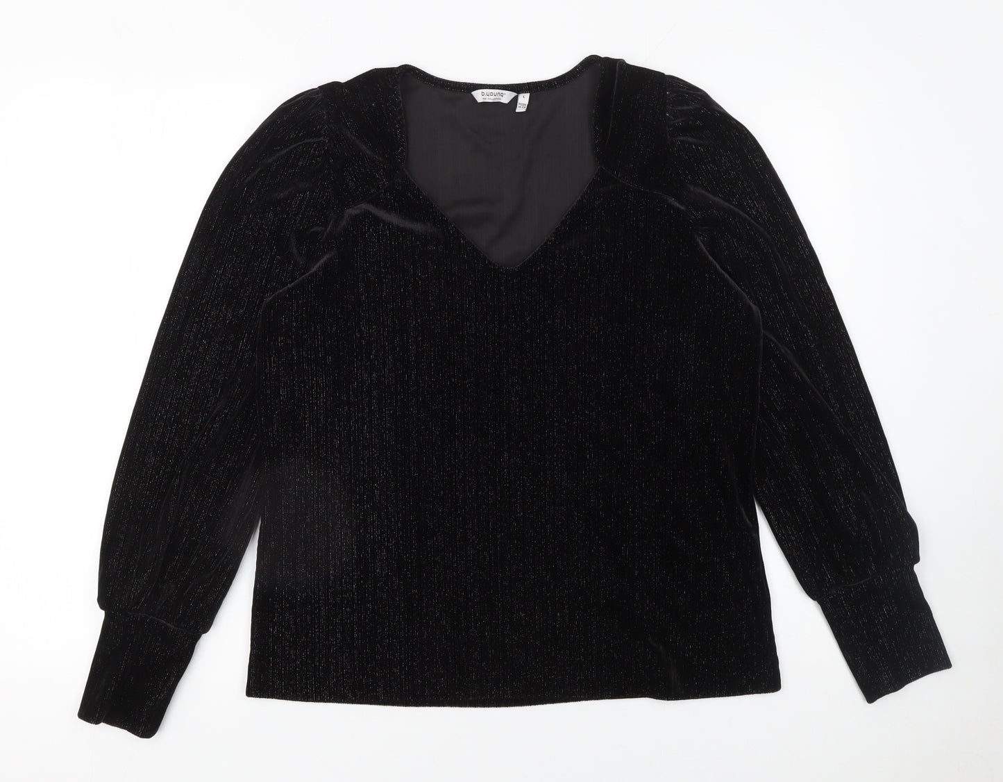 b.young Women's Black Velvet Long Sleeve V-Neck Blouse Size L