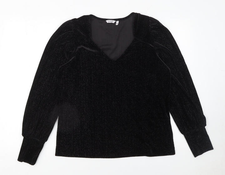 b.young Women's Black Velvet Long Sleeve V-Neck Blouse Size L
