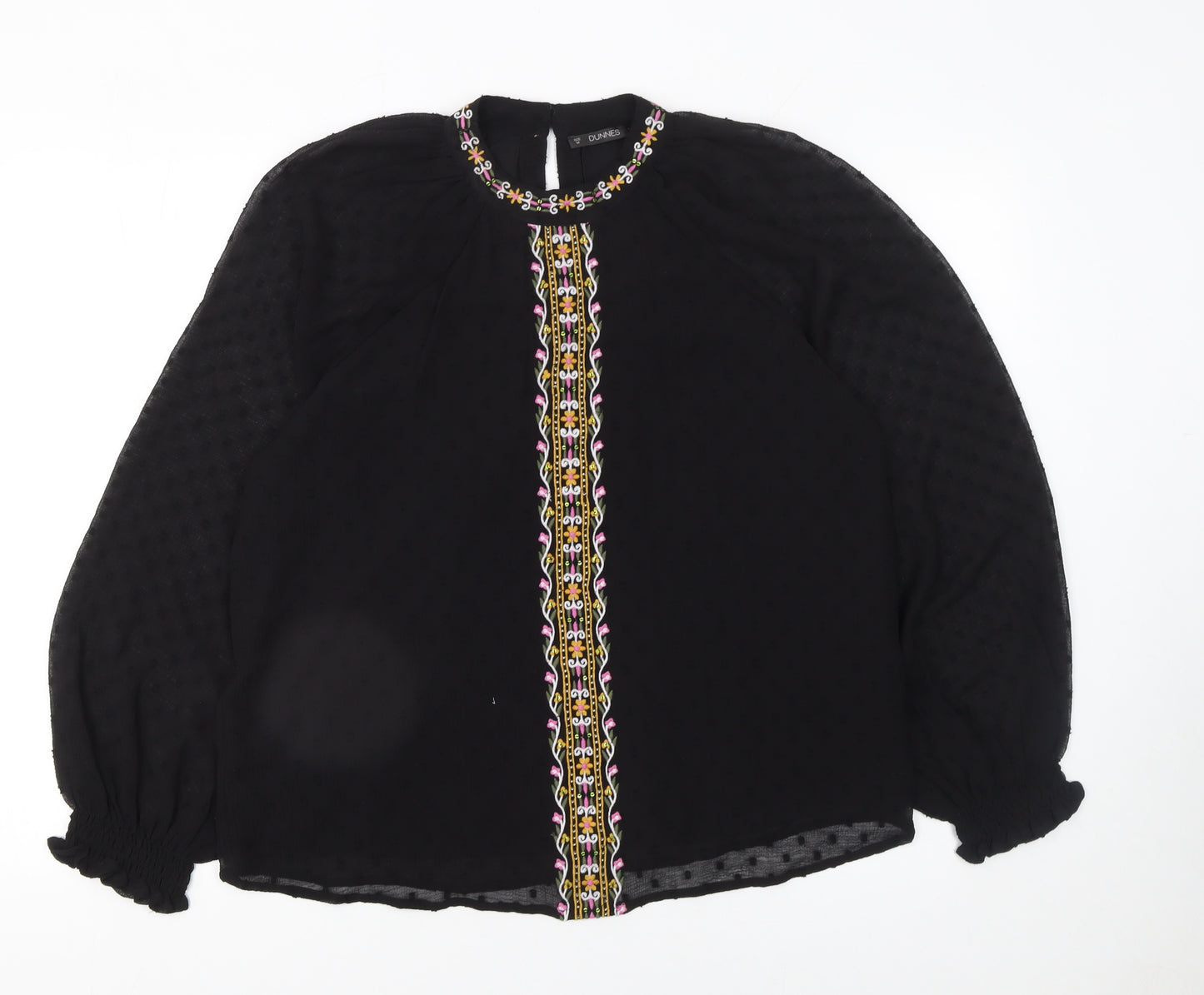 Dunnes Stores Women's Black Embroidered Bohemian Chiffon Blouse Size 12