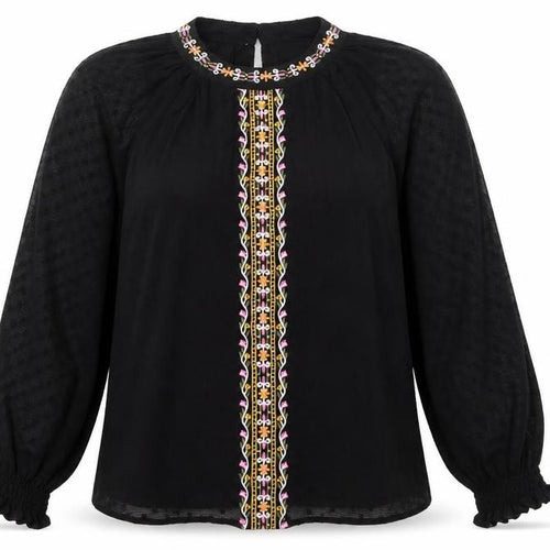 Dunnes Stores Women's Black Embroidered Bohemian Chiffon Blouse Size 12