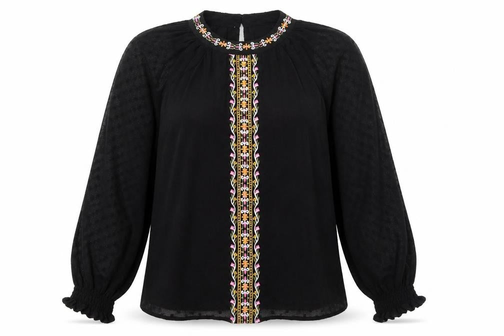 Dunnes Stores Women's Black Embroidered Bohemian Chiffon Blouse Size 12