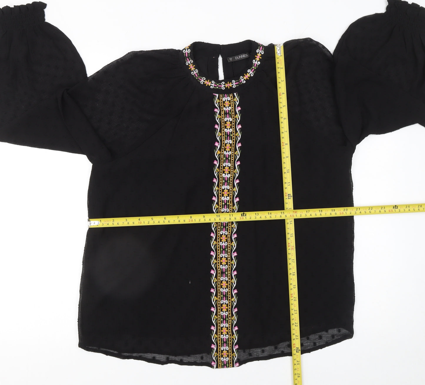 Dunnes Stores Women's Black Embroidered Bohemian Chiffon Blouse Size 12