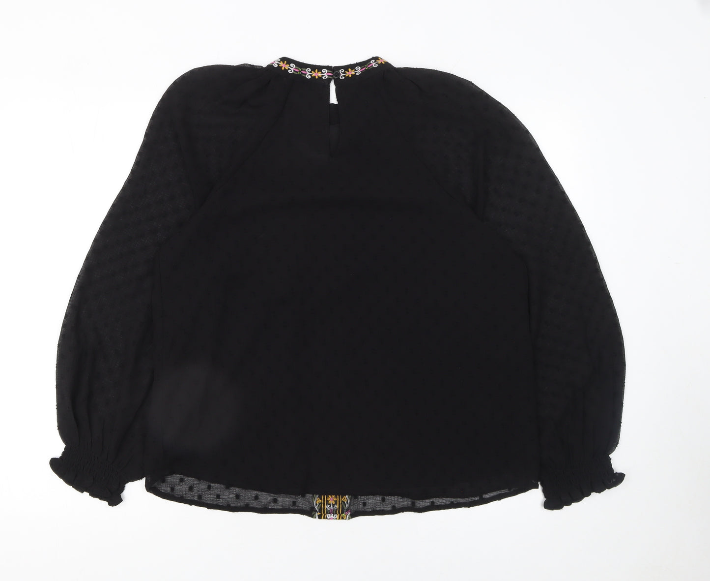 Dunnes Stores Women's Black Embroidered Bohemian Chiffon Blouse Size 12