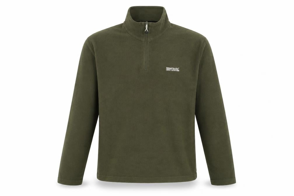 Front view of Regatta men’s green fleece 1/4 zip pullover sweatshirt, size S