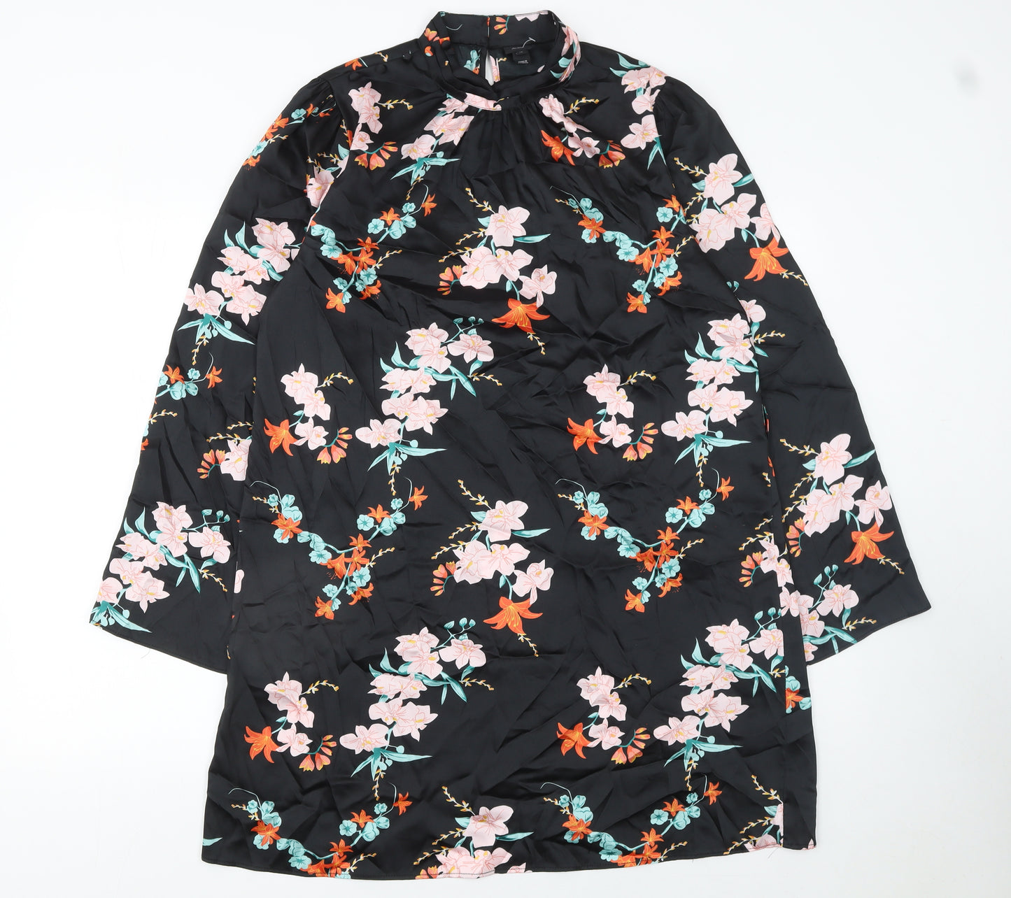 River Island Women's Black Floral Shift Dress Size 14 Long Sleeve