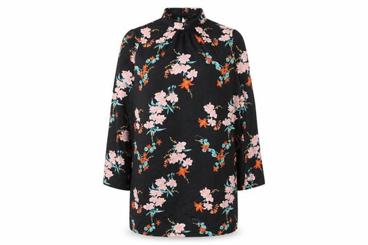 Front view of River Island Women's Black Floral Shift Dress, size 14, Long Sleeve