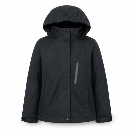 Front view of Hi Gear boys’ black waterproof hooded rain coat jacket 5-6 years